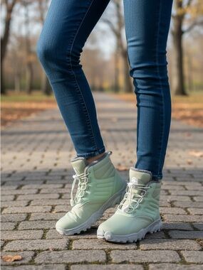 Women's Light Green Faux-Fur Lined Lace-Up Ankle Boots